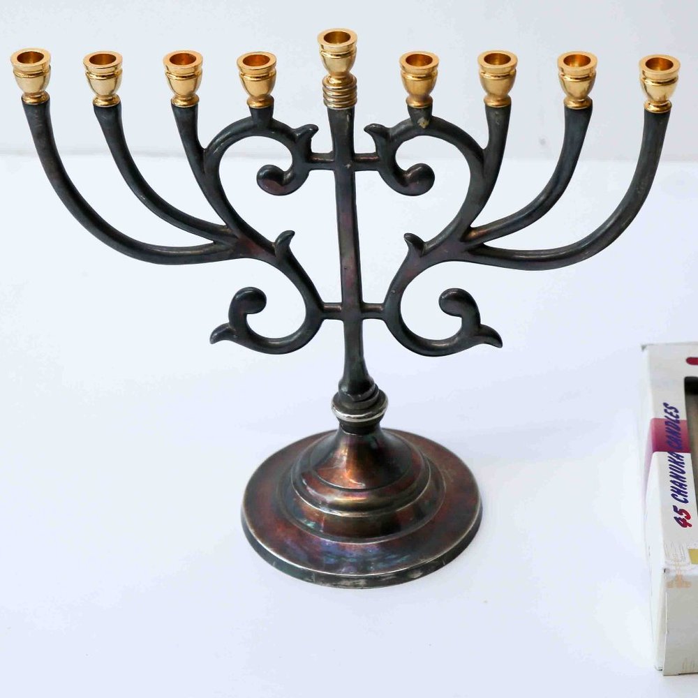 Hanukkah MENORAH Silver Gold Plated Tips and Brass